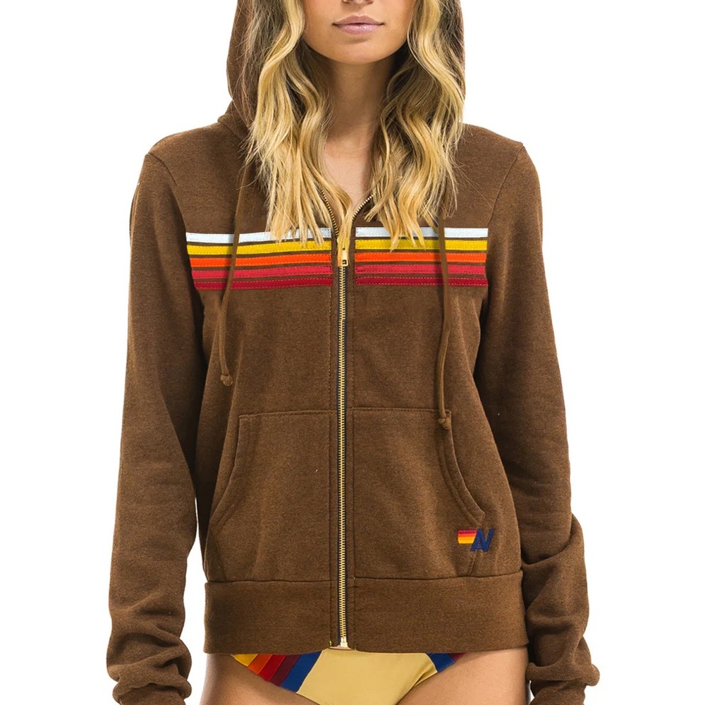 Aviator Nation 5 STRIPE HOODIE - CHOCOLATE // RAINBOW WHITE Large